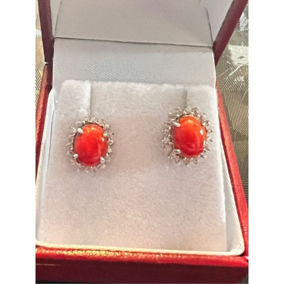 Genuine Diamond And Fire Opal Cabochon Earring Studs in...